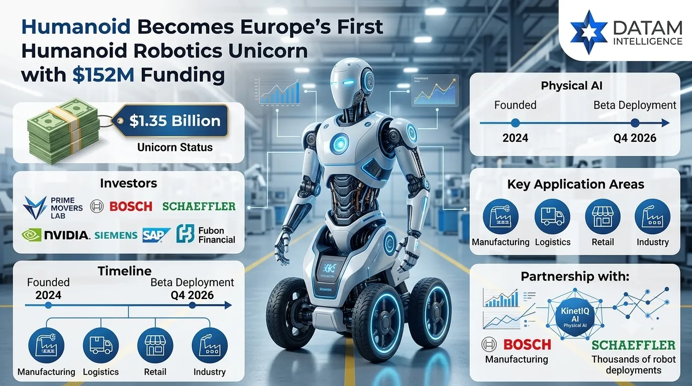 Infographic showing Humanoid becoming Europe's first humanoid robotics unicorn with 152 million funding and 1.35 billion valuation, featuring DataM Intelligence