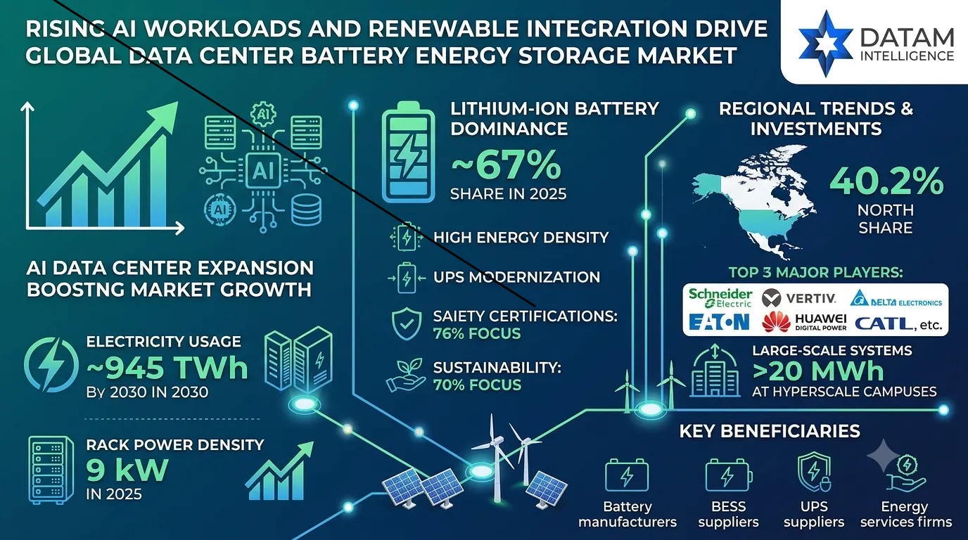 Datam Intelligence infographic on global data center battery energy storage market growth, lithium-ion dominance, and key trends through 2030.
