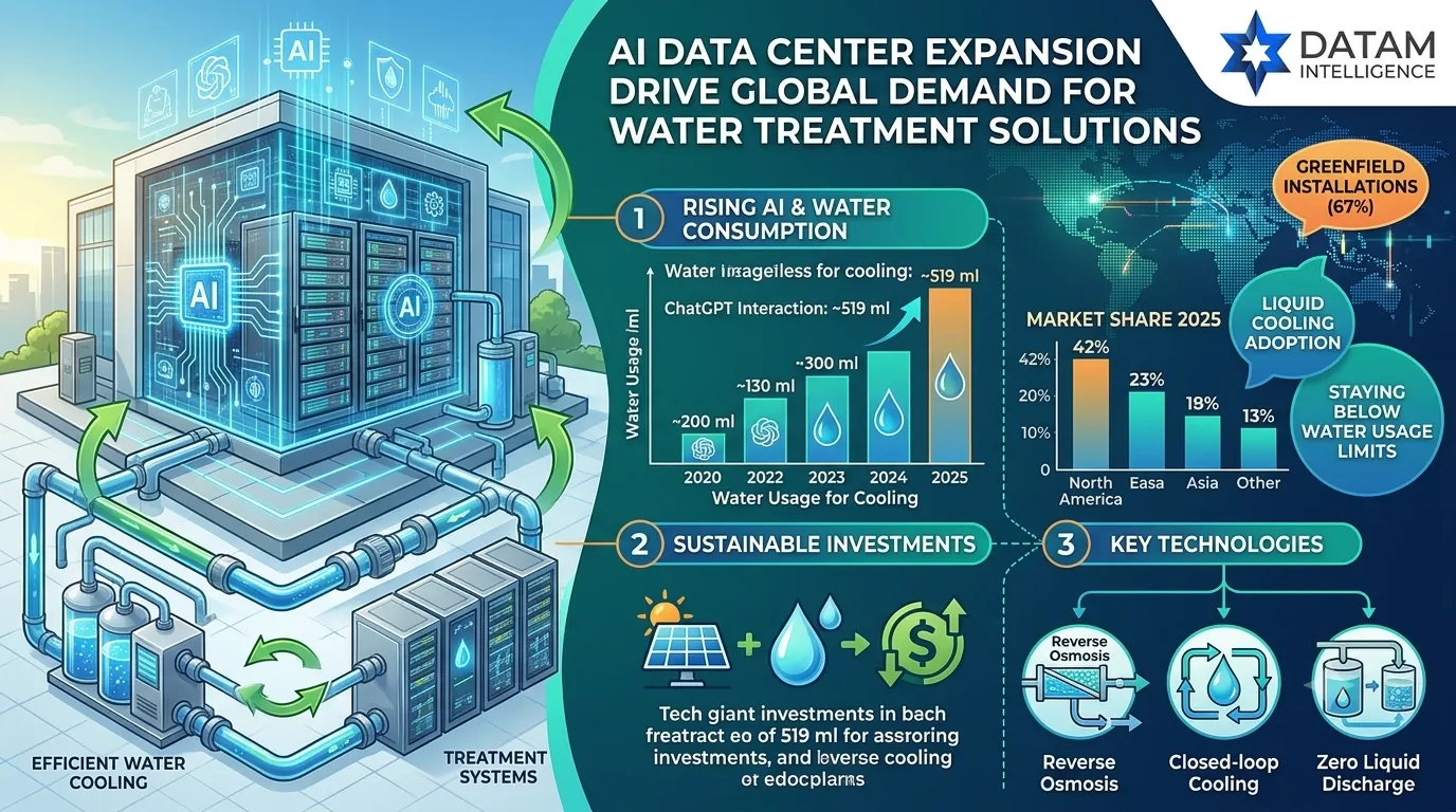 Infographic showing how AI data center expansion is driving global demand for advanced water recycling, wastewater treatment systems, and liquid cooling solutions.