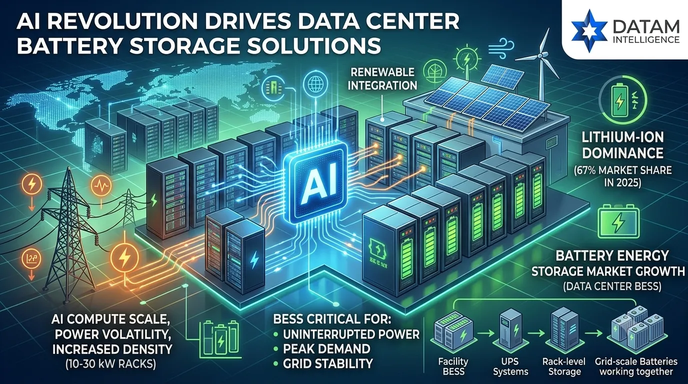 Infographic detailing how AI workloads drive adoption of Battery Energy Storage Systems (BESS) in hyperscale data centers, featuring market statistics from DataM Intelligence.