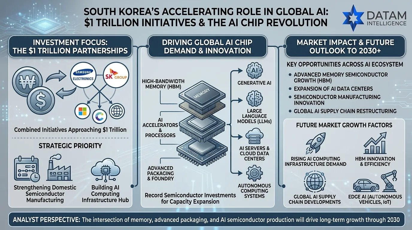 Infographic on South Korea's $1 Trillion AI Semiconductor Initiatives, highlighting Samsung and SK Group investments in HBM, AI accelerators, and data center infrastructure by DATAM Intelligence