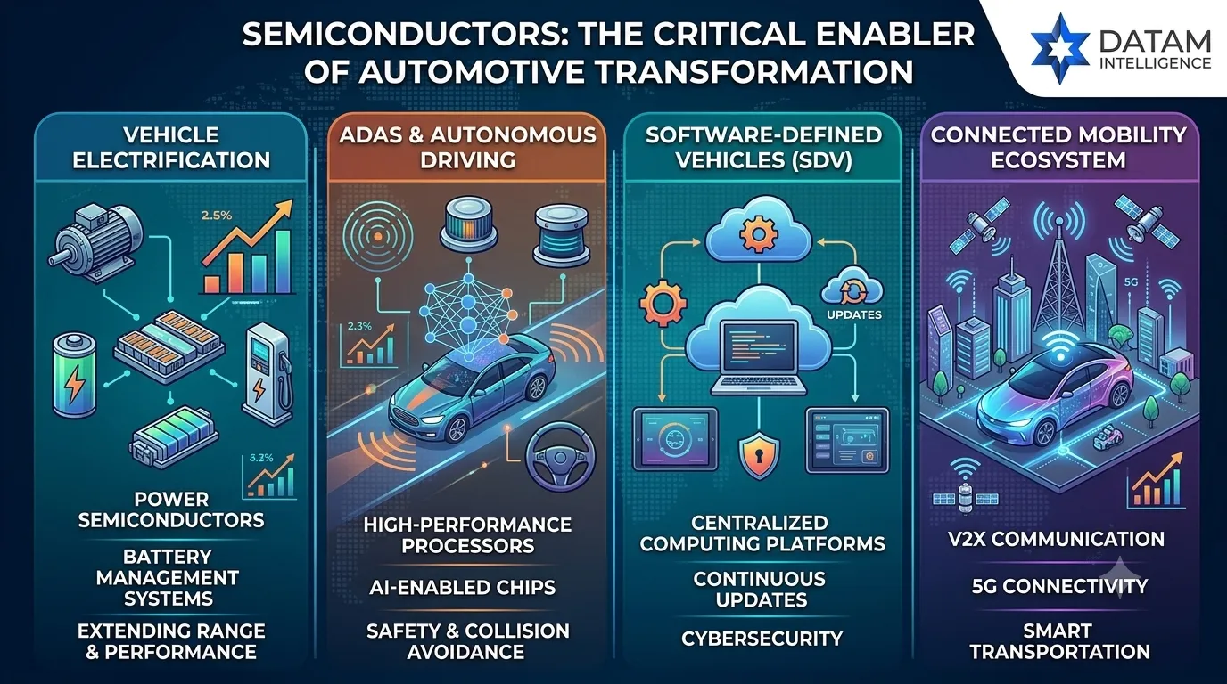 Infographic showing the role of semiconductors in automotive transformation, covering vehicle electrification, ADAS, software-defined vehicles, and connected mobility.