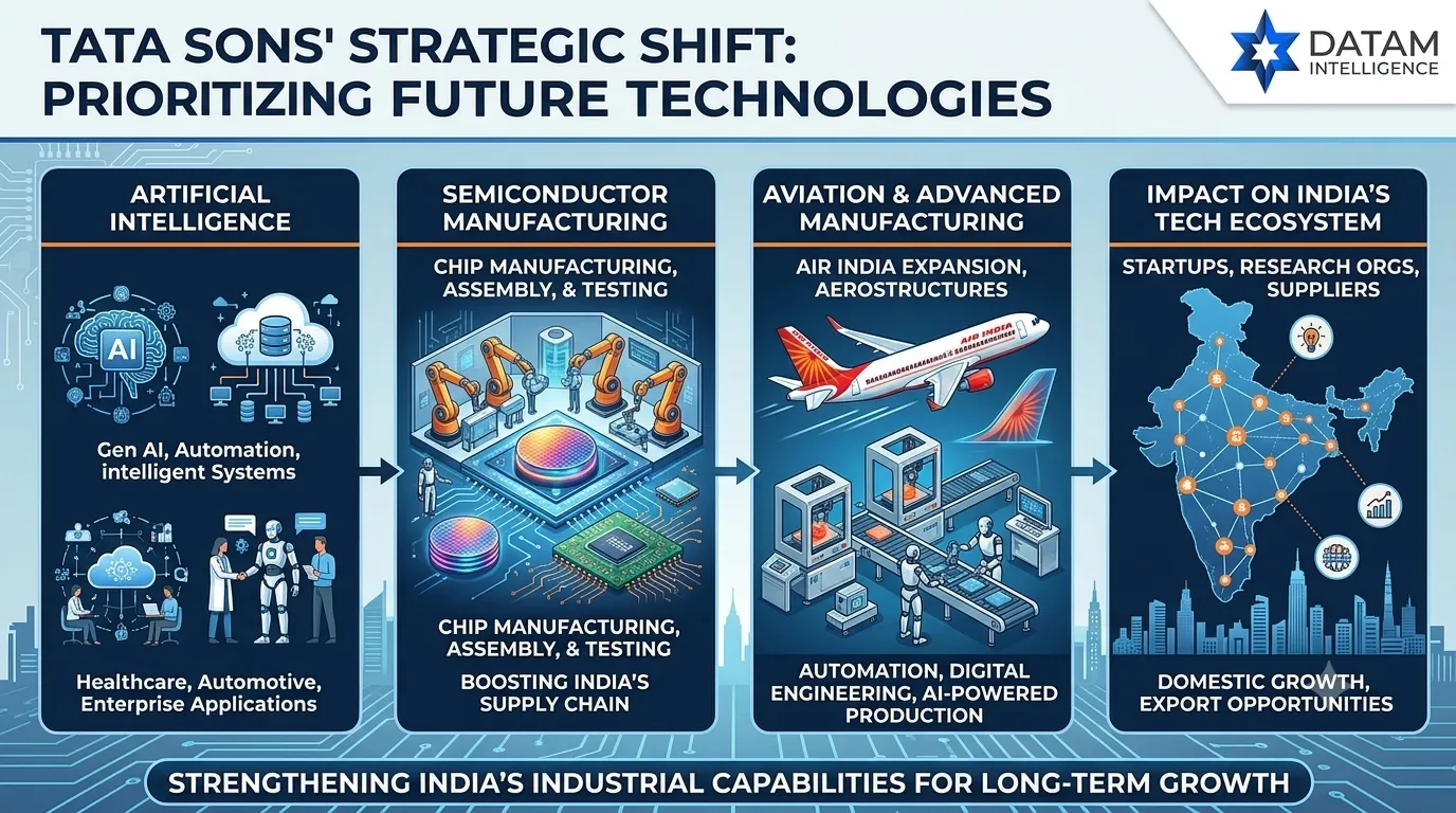 Infographic detailing Tata Sons' strategic focus on Artificial Intelligence, semiconductor manufacturing, aviation, and advanced manufacturing in India.