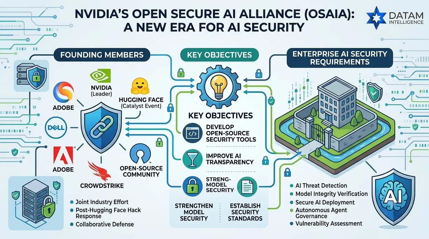 Infographic explaining NVIDIA's Open Secure AI Alliance (OSAIA), highlighting founding members like Adobe, CrowdStrike, Dell, and Hugging Face, key open-source security objectives, and enterprise AI security requirements.