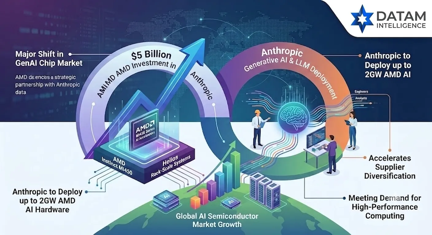 Infographic illustrating AMD's $5 billion investment in Anthropic, highlighting Instinct MI450 deployment and AI semiconductor market growth by DataM Intelligence.