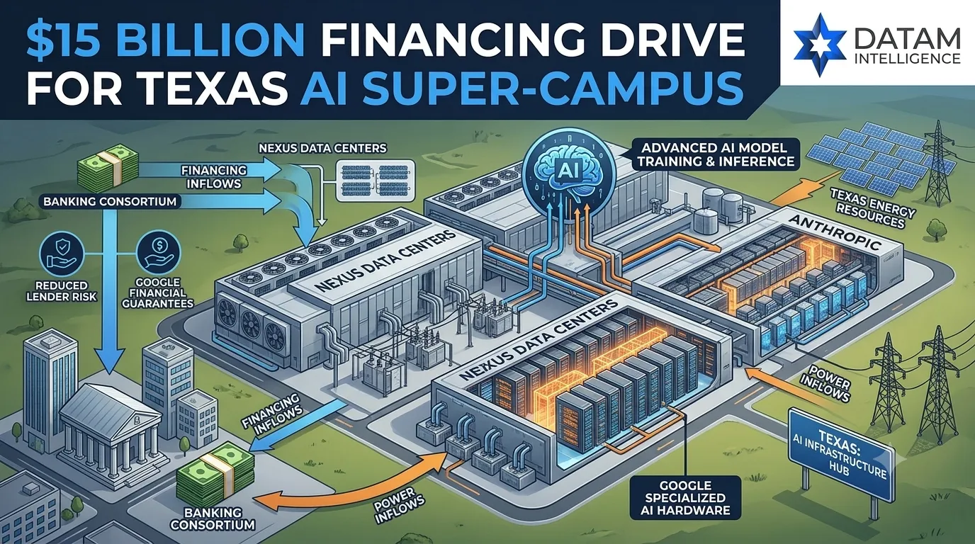 Infographic detailing $15 Billion AI data center campus financing for Nexus, Anthropic, and Google in Texas