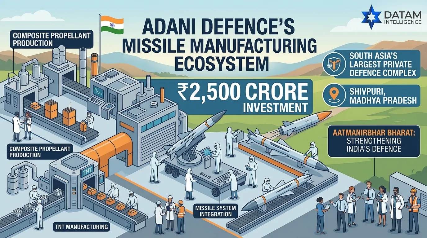Adani Defence ₹2,500 crore missile manufacturing facility ecosystem in Shivpuri Madhya Pradesh infographic