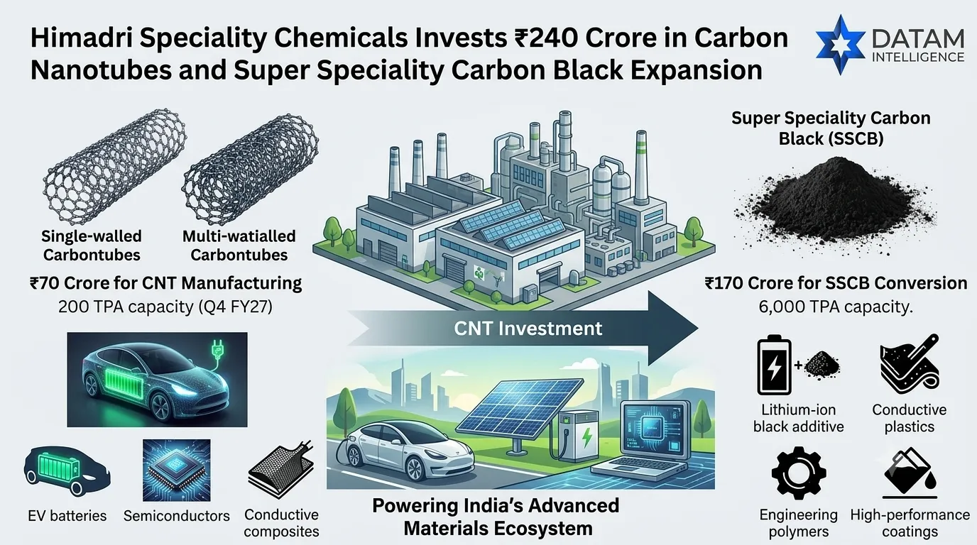 Infographic showing Himadri Speciality Chemicals ₹240 crore investment in Carbon Nanotubes (CNT) and Super Speciality Carbon Black (SSCB) expansion for EV battery materials.