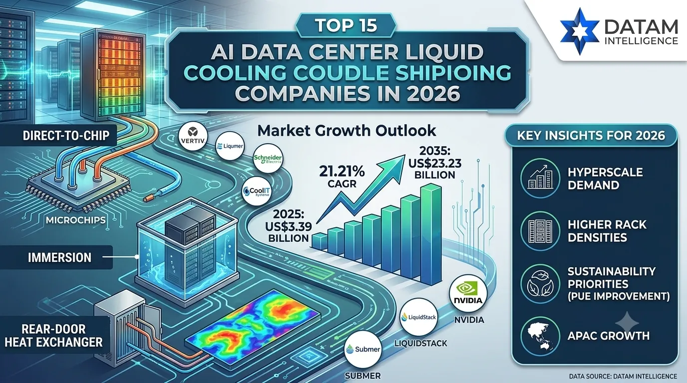 Infographic showing top 15 AI data center liquid cooling companies in 2026 and market growth outlook reaching 23.23 billion dollars by 2035 with DataM Intelligence