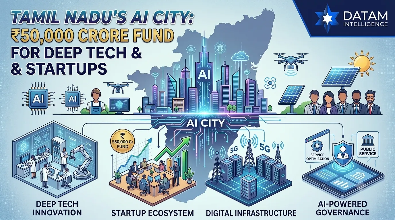 Tamil Nadu AI City banner featuring ₹50,000 crore fund, deep tech innovation, startup ecosystem, digital infrastructure, and AI governance with DATAM Intelligence