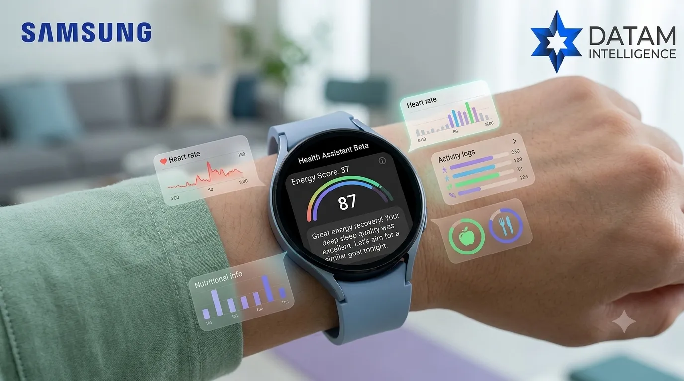 Samsung Galaxy Watch displaying AI-powered Health Assistant Beta with Energy Score and wellness metrics.