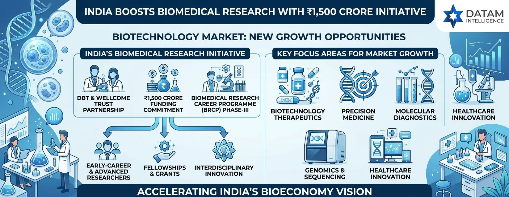 DataM Intelligence infographic on India's ₹1,500 crore Biomedical Research Initiative, highlighting the DBT and Wellcome Trust partnership, BRCP Phase-III funding, and growth areas like precision medicine and genomics.