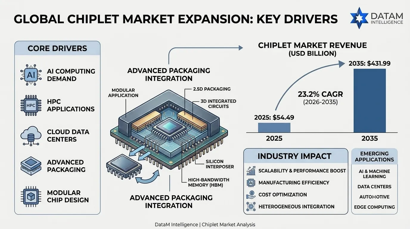 Global chiplet market growth chart and core drivers infographic by DataM Intelligence