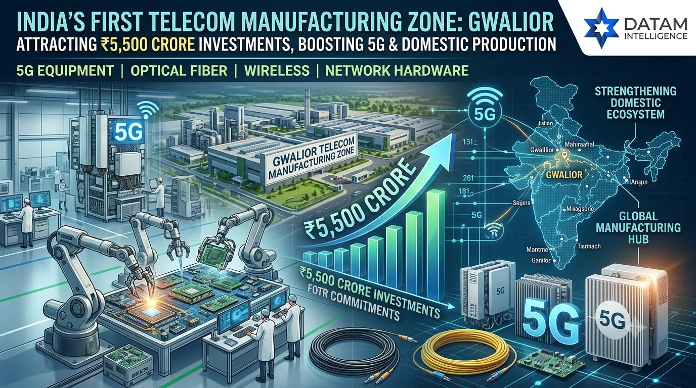 Infographic detailing India's first telecom manufacturing zone in Gwalior, highlighting ₹5,500 crore investments and 5G equipment production.