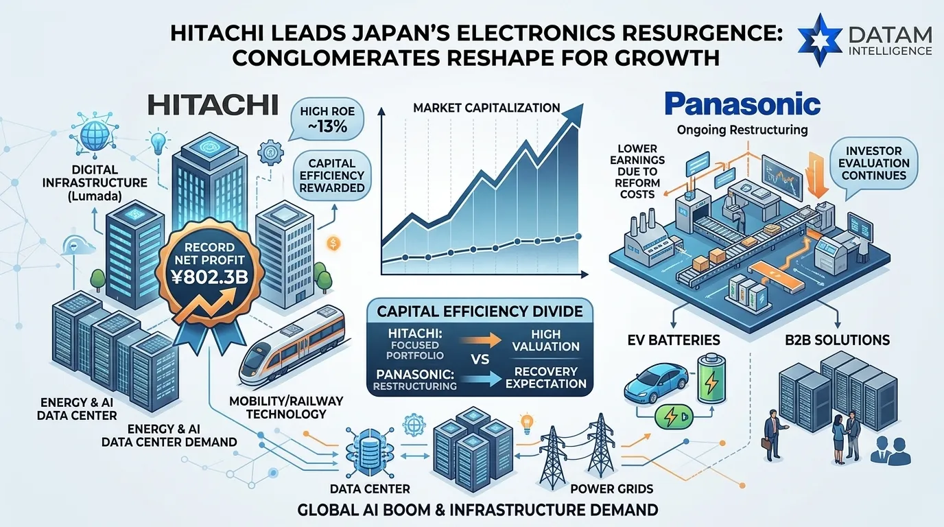 Infographic illustrating Hitachi leading Japan's electronics resurgence alongside Panasonic restructuring, featuring digital infrastructure, energy systems, and capital efficiency metrics with DATAM Intelligence.