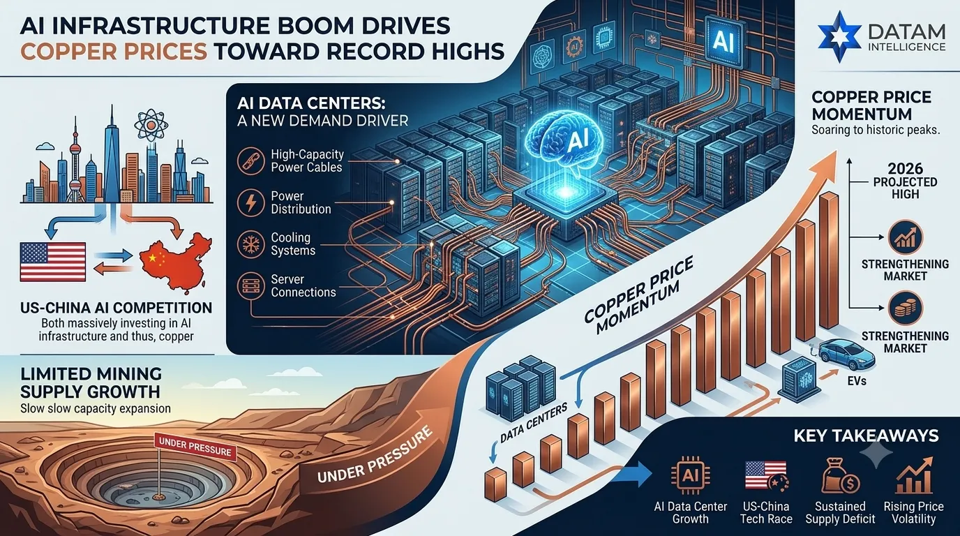 Infographic detailing how AI data center growth and US-China technology competition drive global copper demand and prices toward record highs, featured by DataM Intelligence.