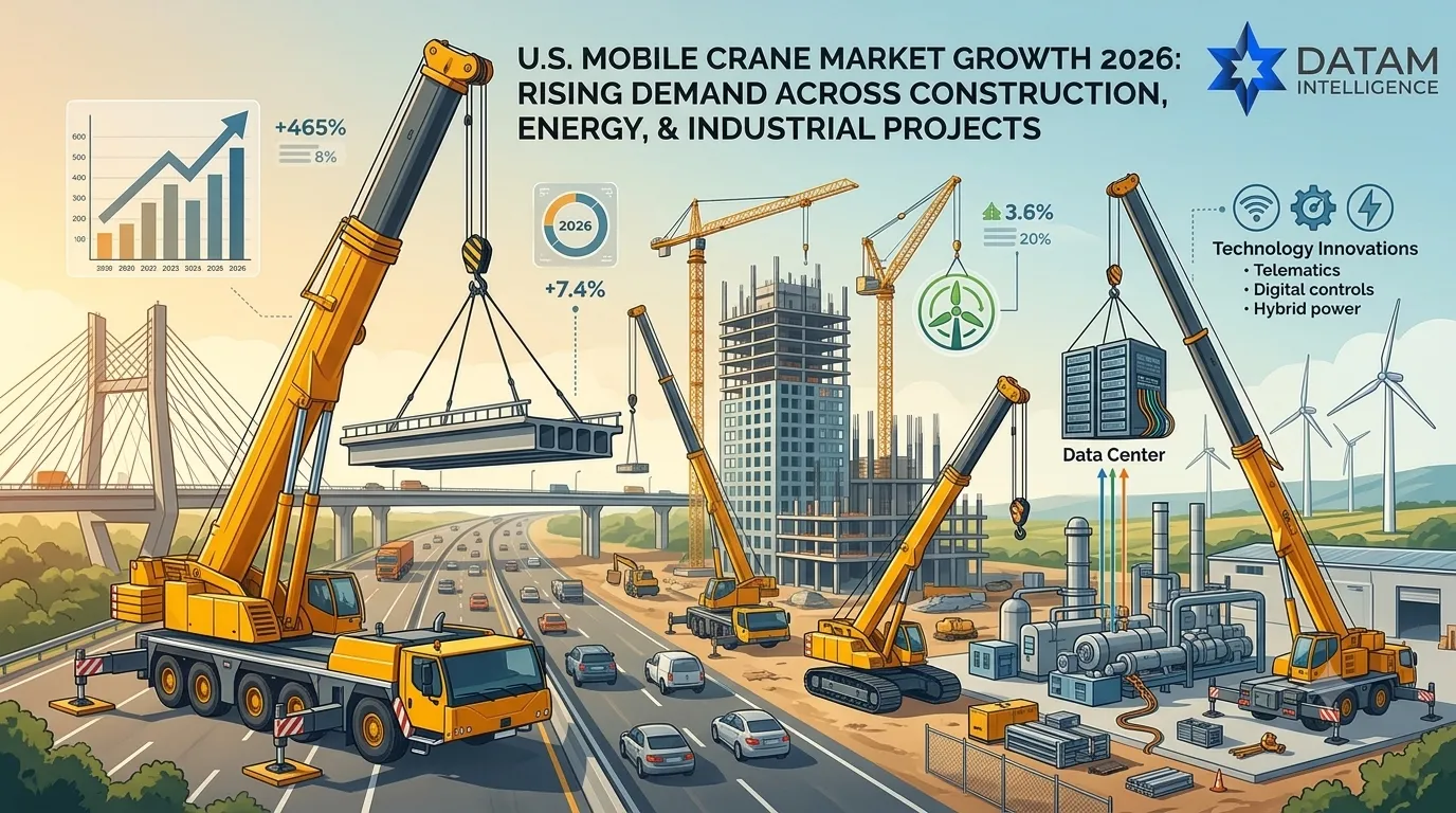 An infographic illustrating the growth of the U.S. mobile crane market in 2026, showing cranes working on infrastructure projects, high-rise buildings, wind energy, and a data center, along with key technology innovation bullet points. Datam Intelligence logo is in the top right.