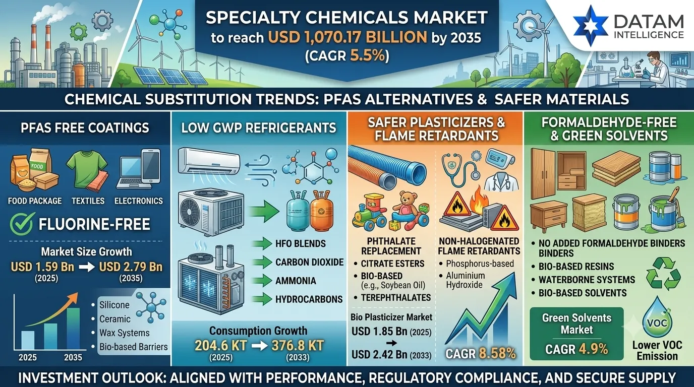 Infographic detailing chemical substitution trends, showcasing PFAS-free coatings, low GWP refrigerants, bio-plasticizers, and green solvents market growth projection to USD 1,070.17 billion by 2035 by DataM Intelligence.