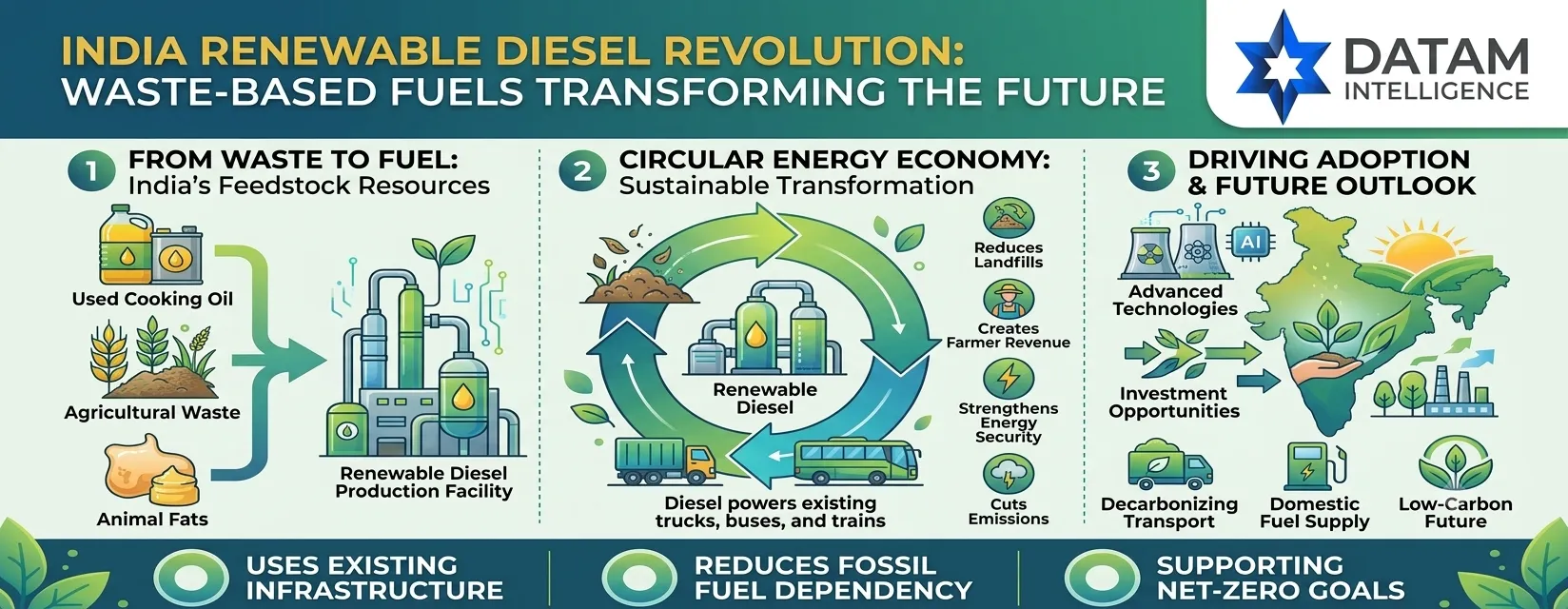DataM Intelligence infographic explaining India's renewable diesel revolution, waste-to-fuel technologies, circular energy economy, and clean transport future