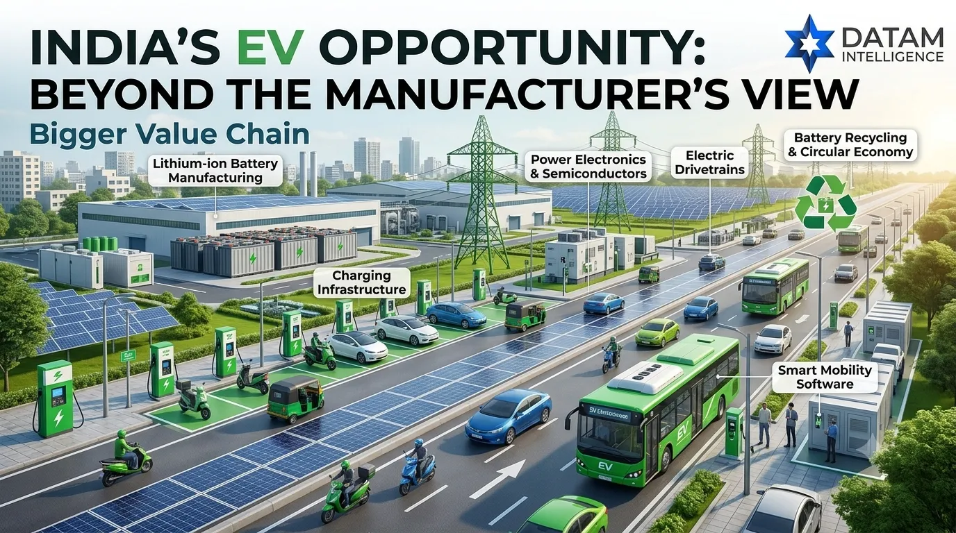 India EV Market Opportunity Infographic: Batteries, Charging Infrastructure, Semiconductors, Drivetrains, Software, Recycling.