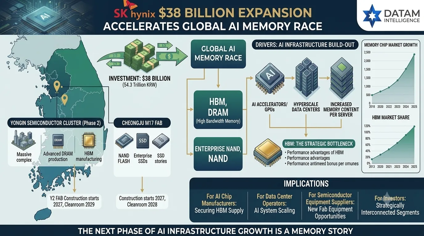 SK hynix 38 billion dollar AI memory expansion plan diagram featuring Yongin DRAM cluster and Cheongju NAND facility.