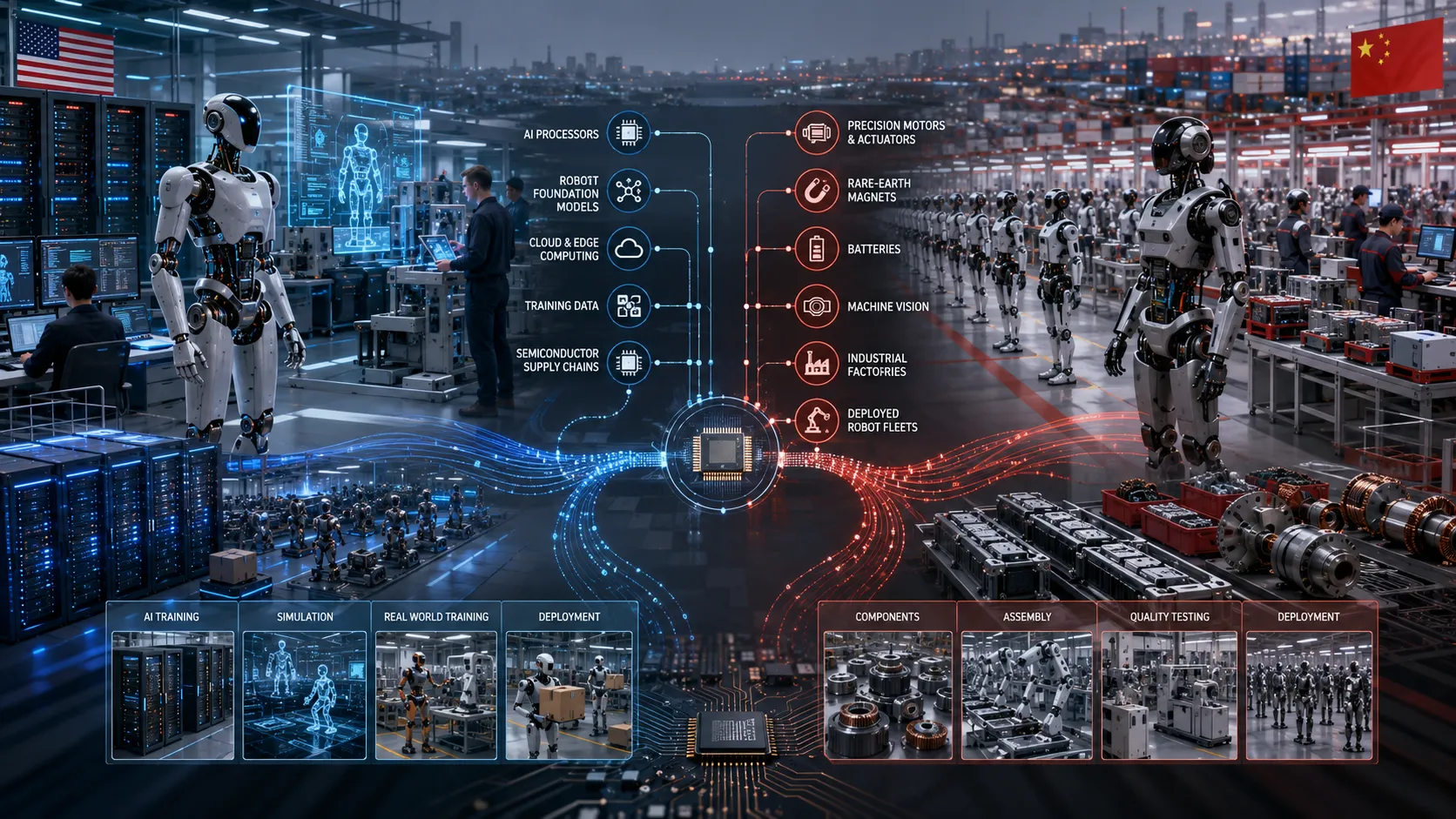 U.S. and China humanoid robot ecosystems competing across AI chips, manufacturing, robot data, motors and industrial supply chains
