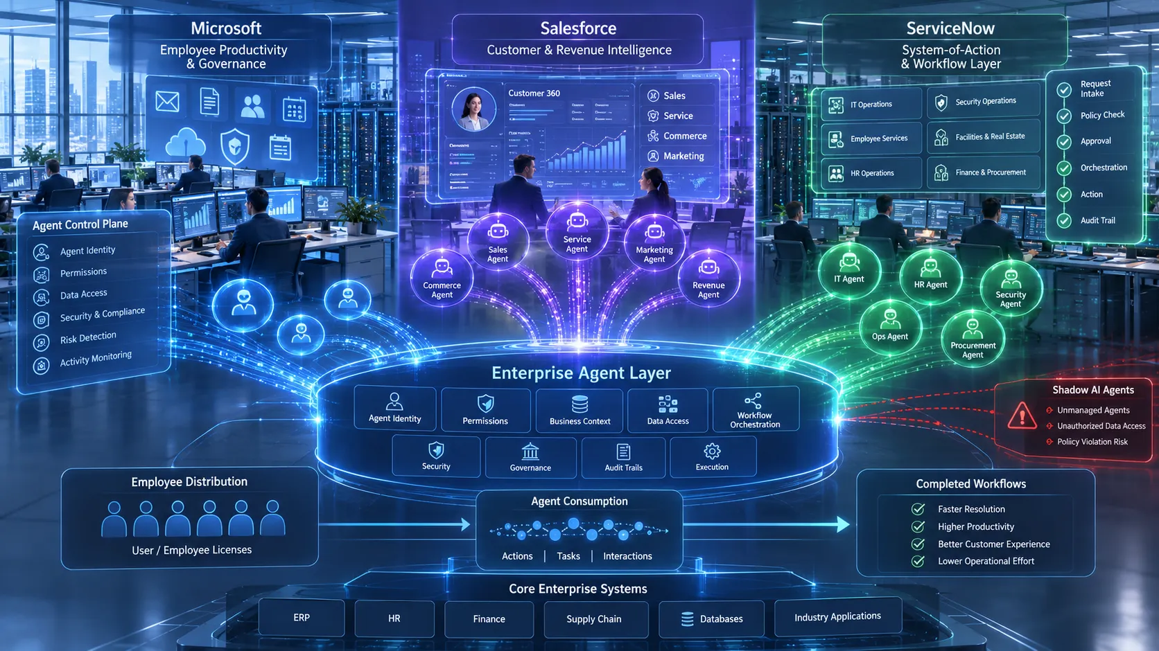 Microsoft, Salesforce and ServiceNow enterprise agent platforms connecting employee productivity, CRM data, AI governance and workflow execution