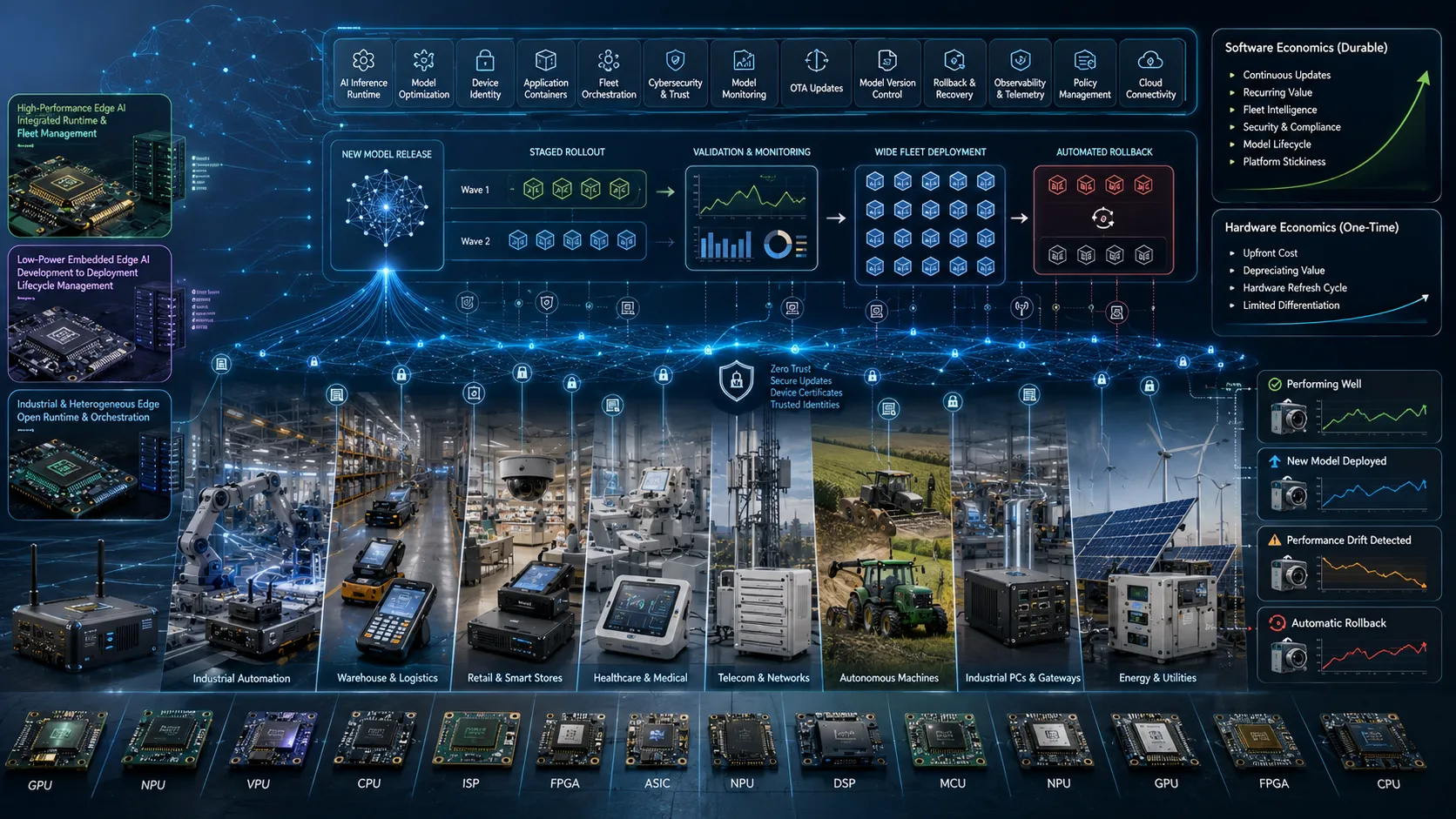 Edge AI runtime and middleware managing model deployment, security, monitoring and OTA updates across a distributed fleet of industrial AI devices.