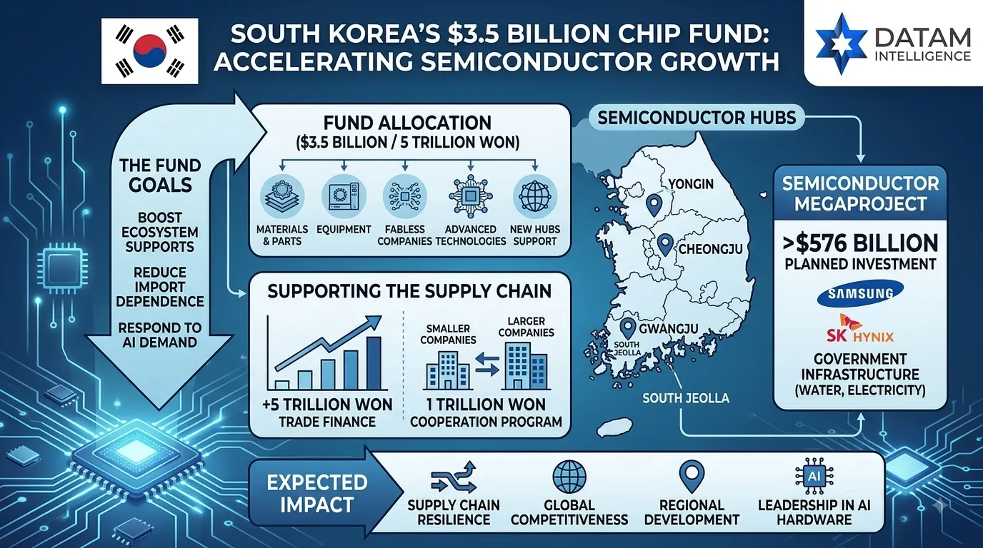 Infographic detailing South Korea's $3.5 billion semiconductor fund, illustrating fund allocations for fabless and equipment suppliers, regional chip hubs (Yongin, Cheongju, Gwangju), trade finance support, and AI hardware growth strategy.