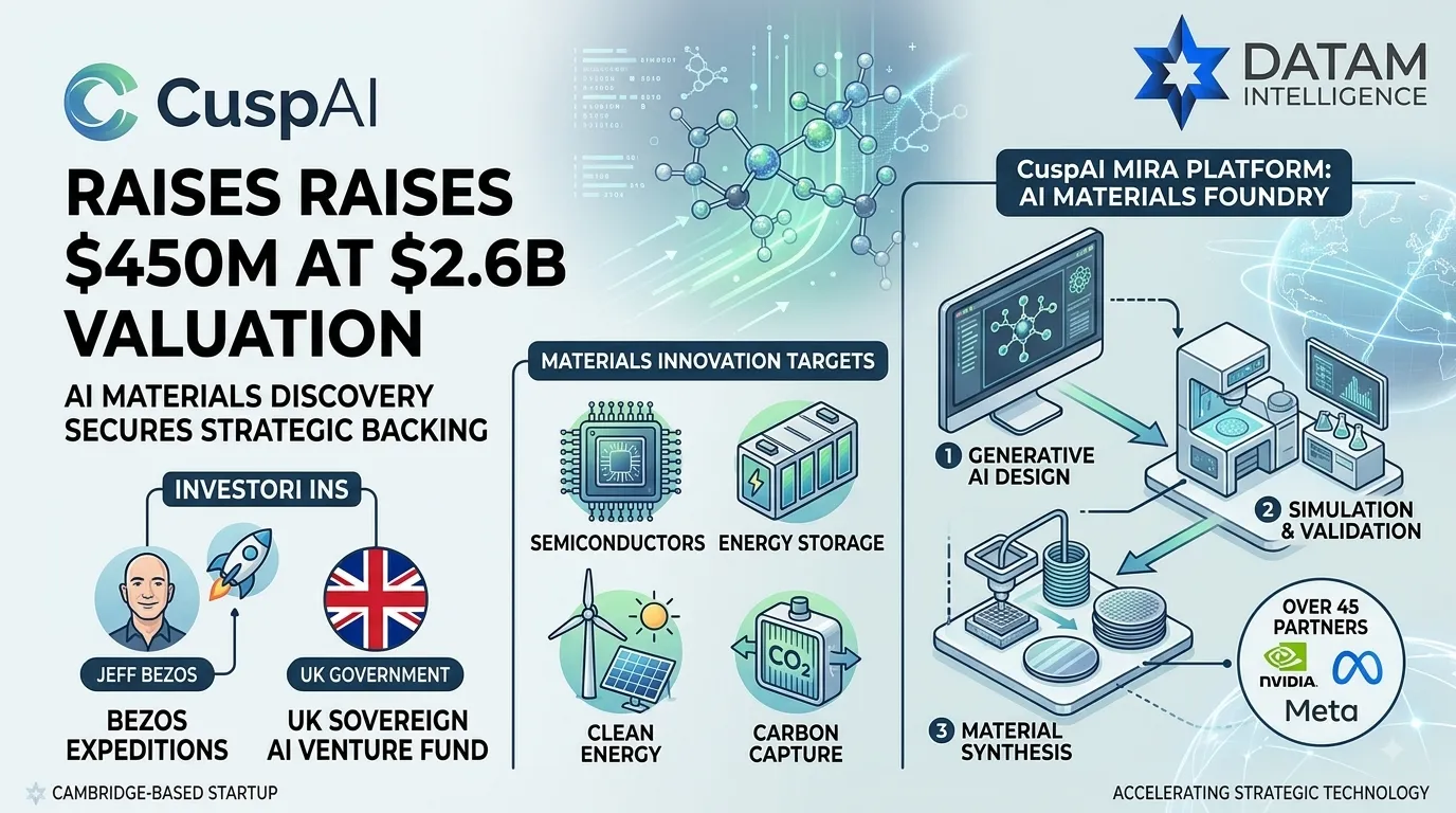 Infographic detailing CuspAI raising $450 million Series B at a $2.6 billion valuation for AI materials discovery, featuring investors Jeff Bezos and the UK Sovereign AI Venture Fund with the DataM Intelligence