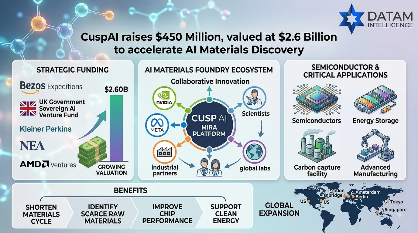 Infographic detailing CuspAI's $450M Series B raise at a $2.6B valuation for AI materials discovery, featuring partner ecosystem and applications across semiconductors, energy storage, and carbon capture.