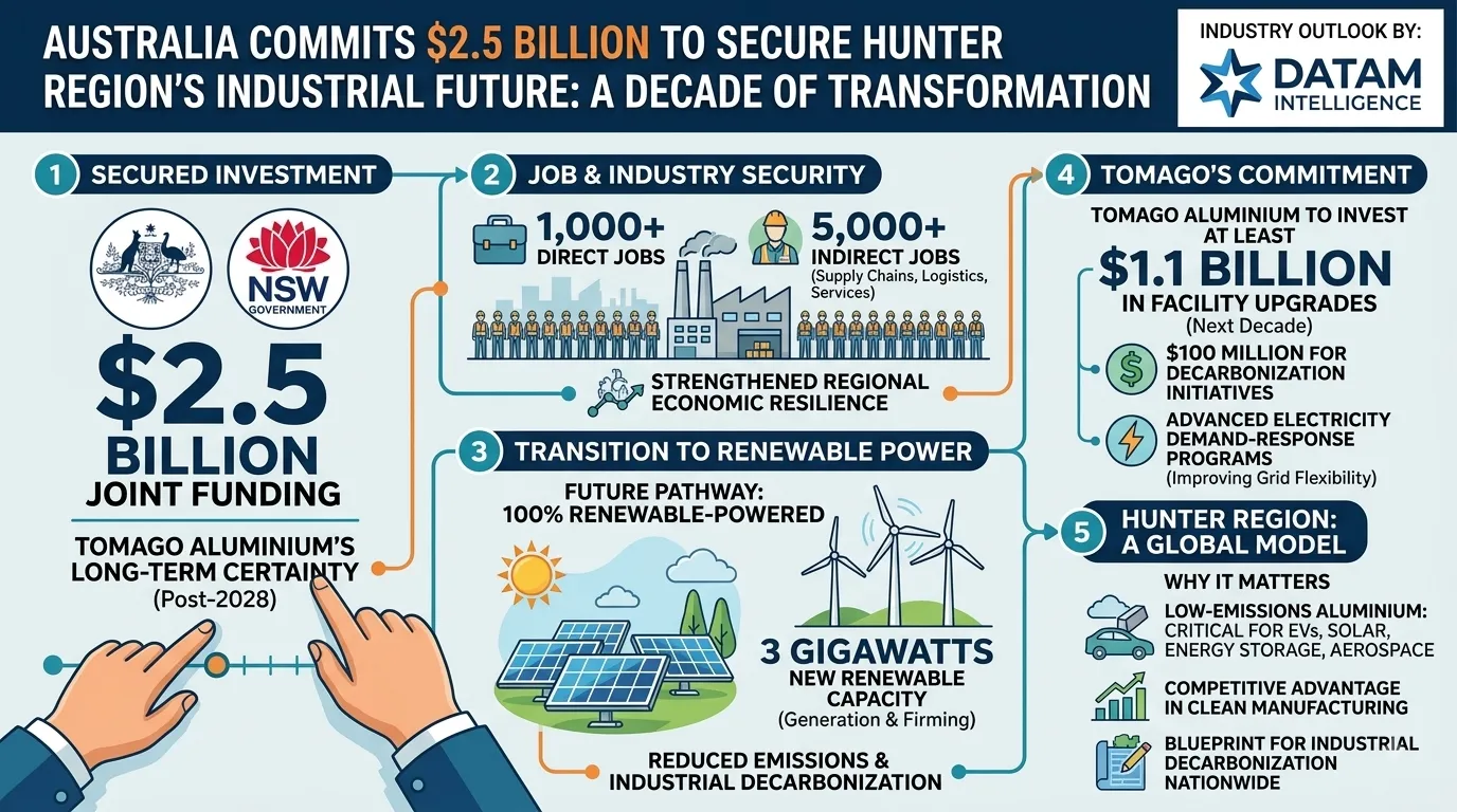 Infographic detailing Australia's $2.5 billion joint investment in Tomago Aluminium to secure jobs and transition the Hunter Region to renewable energy.