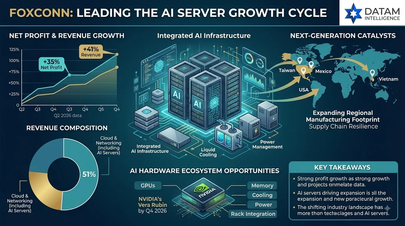 Foxconn Q2 2026 financial and AI server growth infographic showing 35% net profit increase, 51% revenue from cloud and networking, liquid cooling rack systems, NVIDIA Vera Rubin catalysts, and global manufacturing expansion footprint.