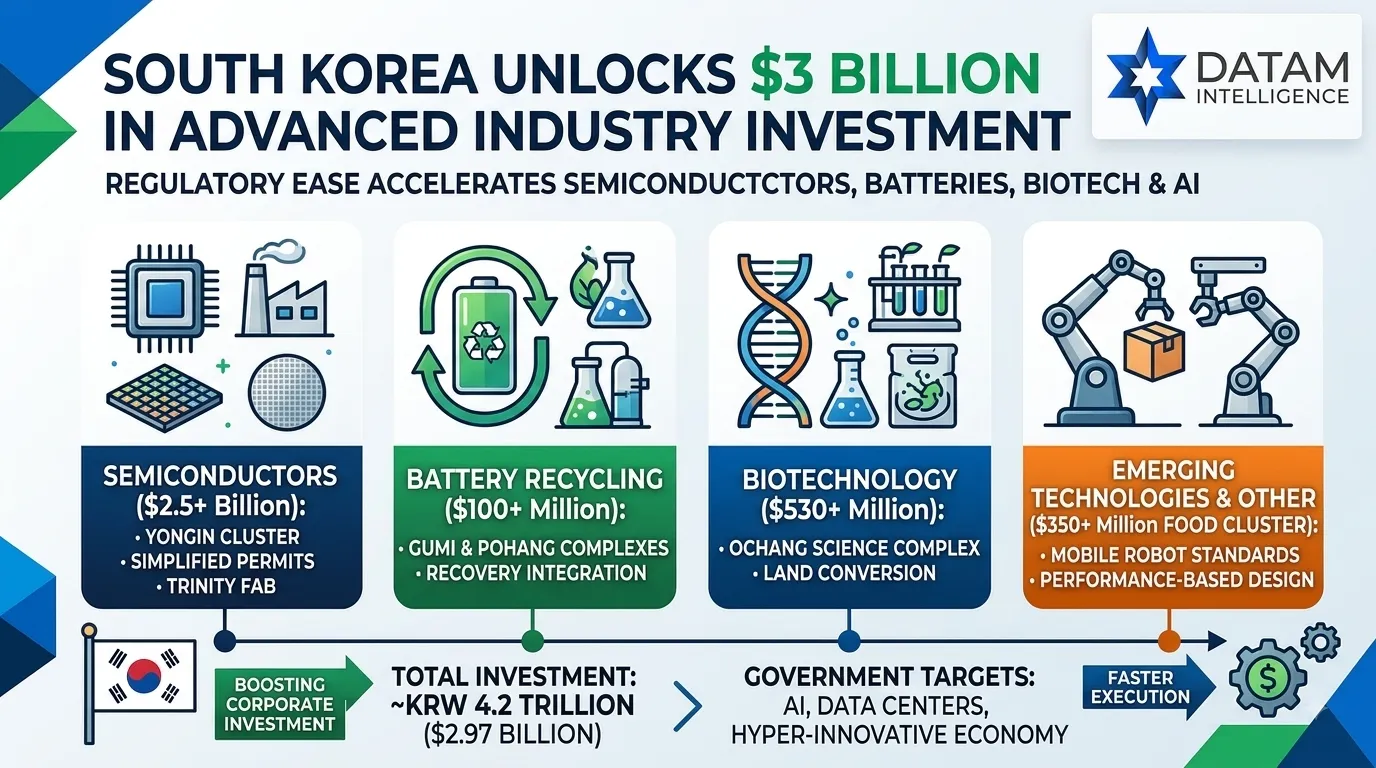 South Korea $3 Billion Advanced Industry Investment Infographic by DataM Intelligence highlighting regulatory reforms across Semiconductors, Battery Recycling, Biotechnology, and Emerging AI Technologies