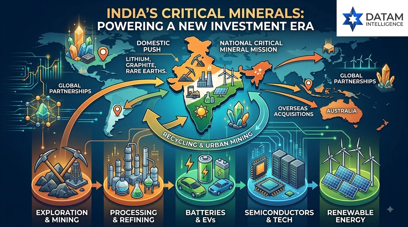 Infographic showing India’s critical minerals strategy, covering domestic mining, global partnerships, processing, and applications in EVs, semiconductors, and renewable energy, featuring the DataM Intelligence