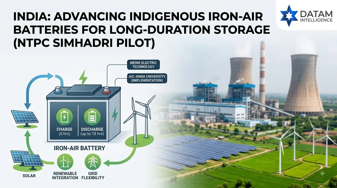 NTPC Simhadri pilot project evaluating Meine Electric indigenous iron-air battery technology with 6-hour charge and 18-hour discharge for long-duration energy storage.