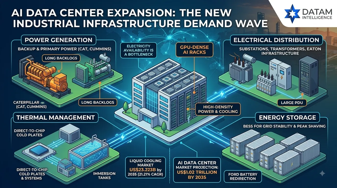 AI Data Center Industrial Infrastructure Demand Infographic - Power Generation, Liquid Cooling, Electrical Distribution, Energy Storage, and Market Growth Projections by DataM Intelligence