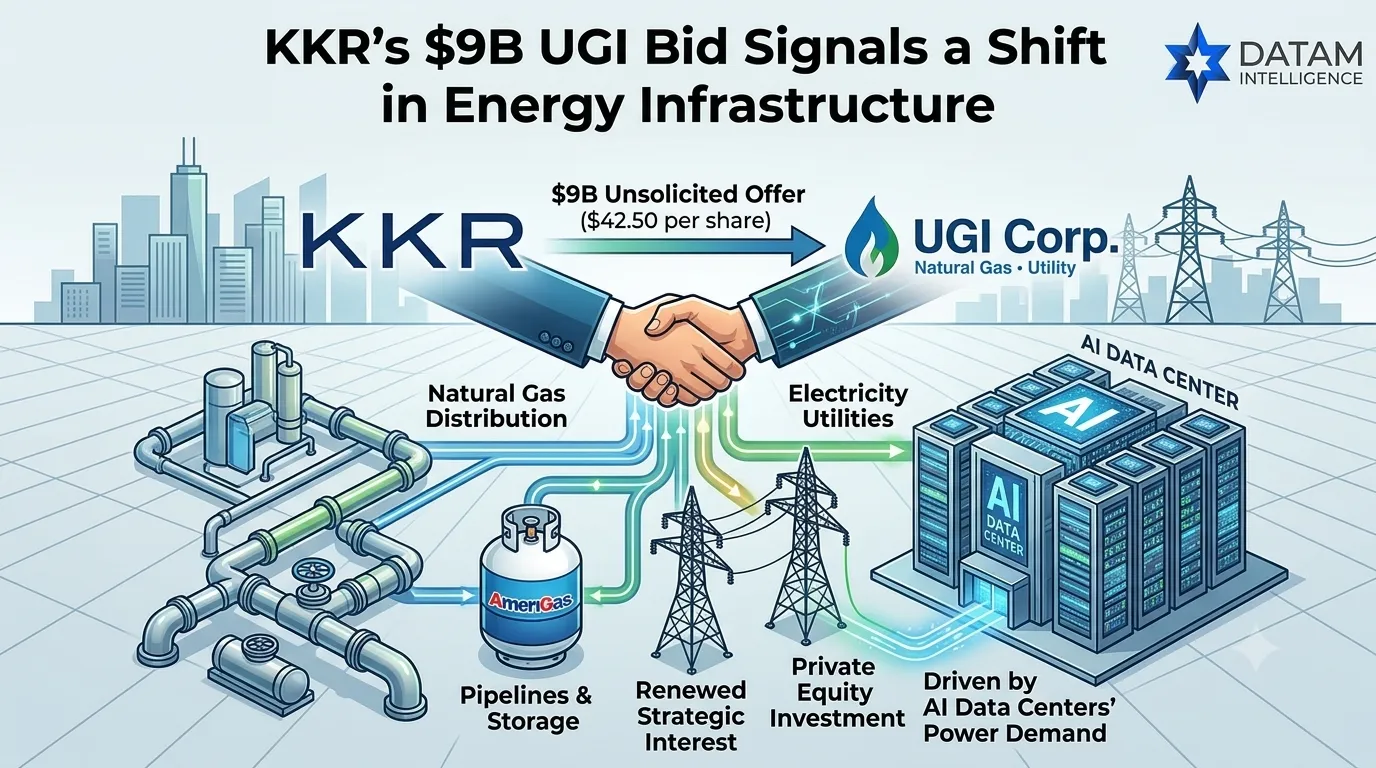 KKR $9 billion UGI acquisition bid banner showing natural gas pipelines, power lines, AmeriGas, and AI data centers with DataM Intelligence