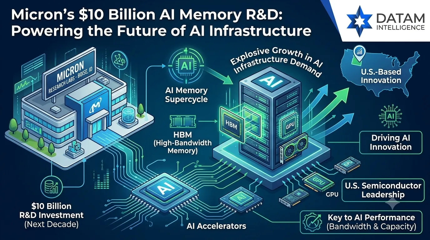 Infographic illustrating Micron's $10 Billion AI Memory R&D investment in Boise, Idaho, highlighting High-Bandwidth Memory (HBM), AI accelerators, and U.S. semiconductor leadership for DataM Intelligence.