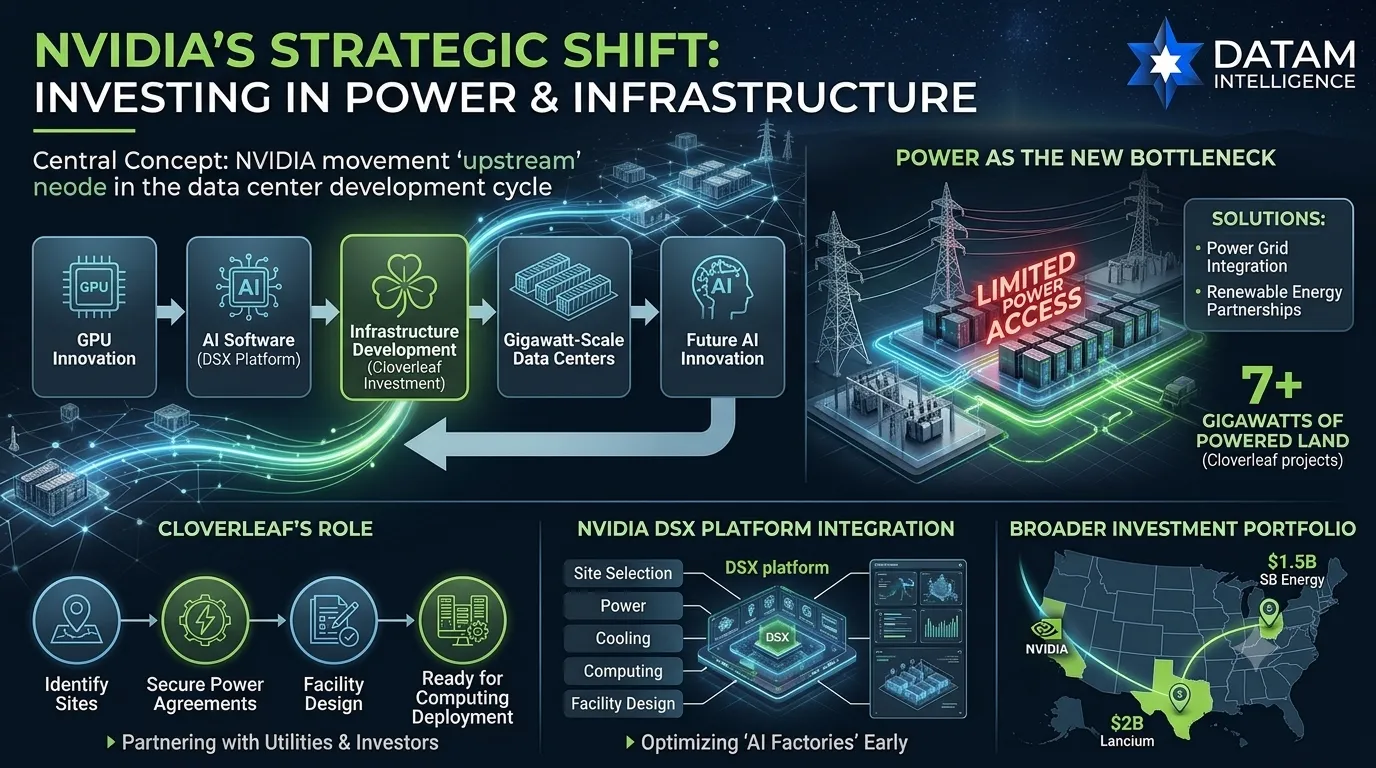 Infographic illustrating Nvidia's strategic investment in Cloverleaf Infrastructure, power grid access constraints, DSX platform integration, and data center developments.