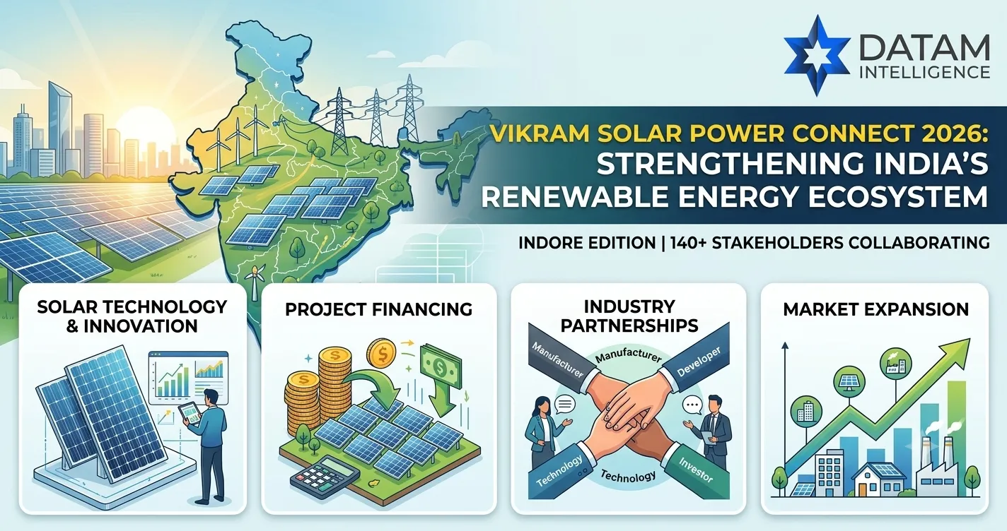 Vikram Solar Power Connect 2026 infographic highlighting solar technology, financing, partnerships, and market expansion in Indore.