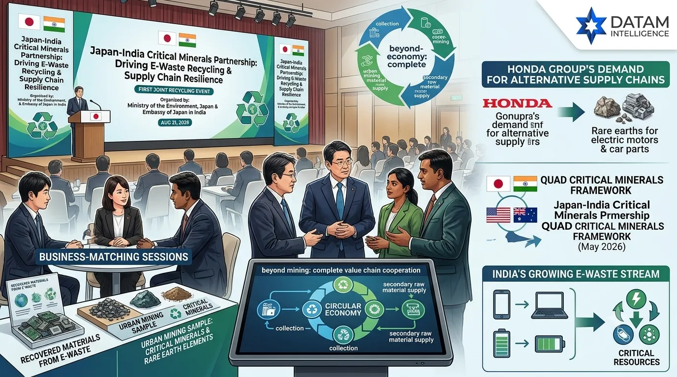 Infographic of the Japan-India critical minerals conference showing business-matching sessions, Honda rare earth supply chain goals, e-waste recovery process, Quad framework, and Data M Intelligence