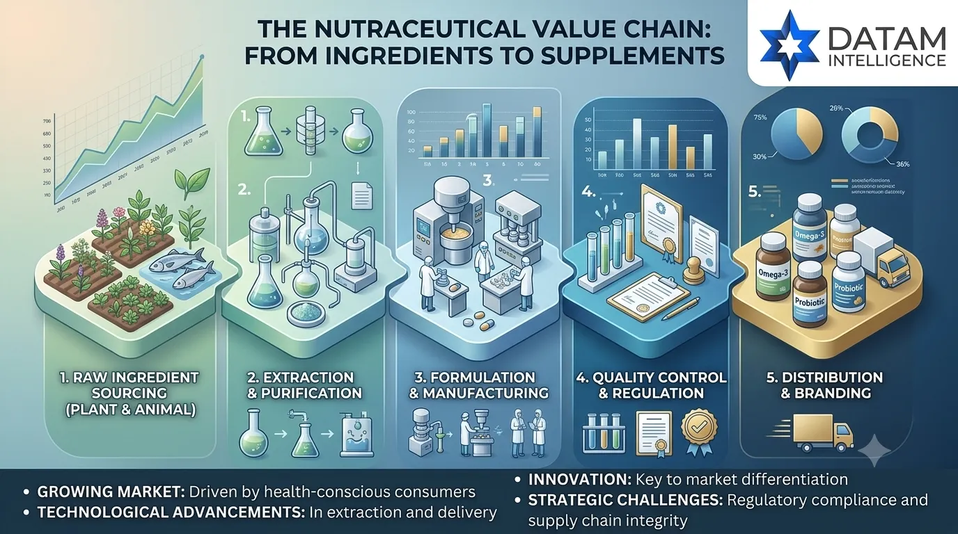 Infographic illustrating the nutraceutical value chain from raw ingredient sourcing to supplement distribution, featuring DataM Intelligence