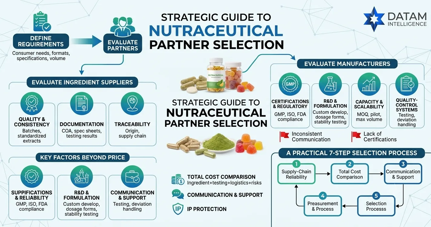 A detailed flowchart titled 'Strategic Guide to Nutraceutical Partner Selection' outlining steps to define requirements, evaluate ingredient suppliers on quality and documentation, assess contract manufacturers on scalability and quality control, and follow a practical selection process.