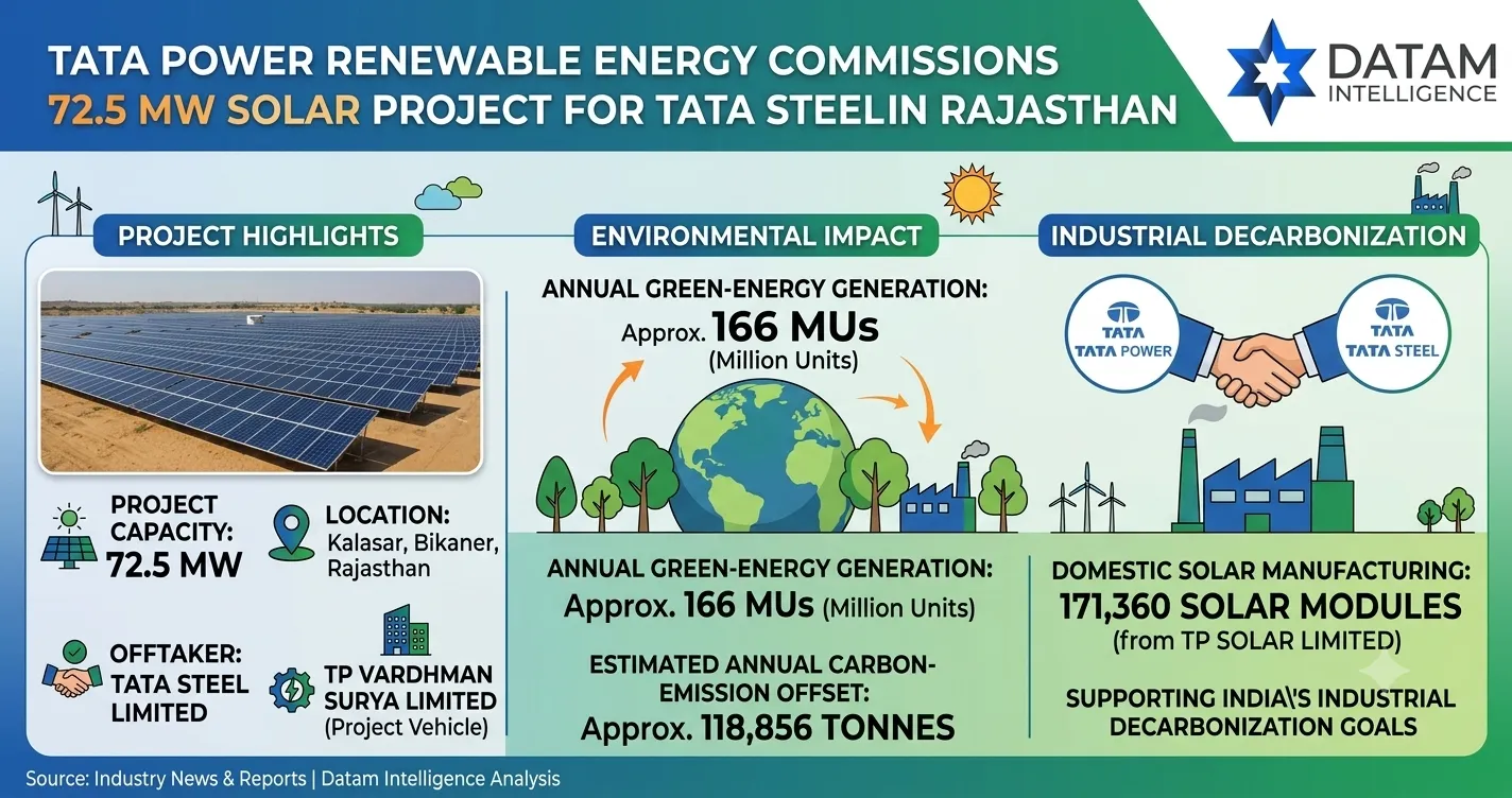 Infographic detailing Tata Power Renewable Energy's 72.5 MW captive solar project for Tata Steel in Kalasar, Bikaner, Rajasthan, highlighting annual generation of 166 MUs and carbon offset metrics.