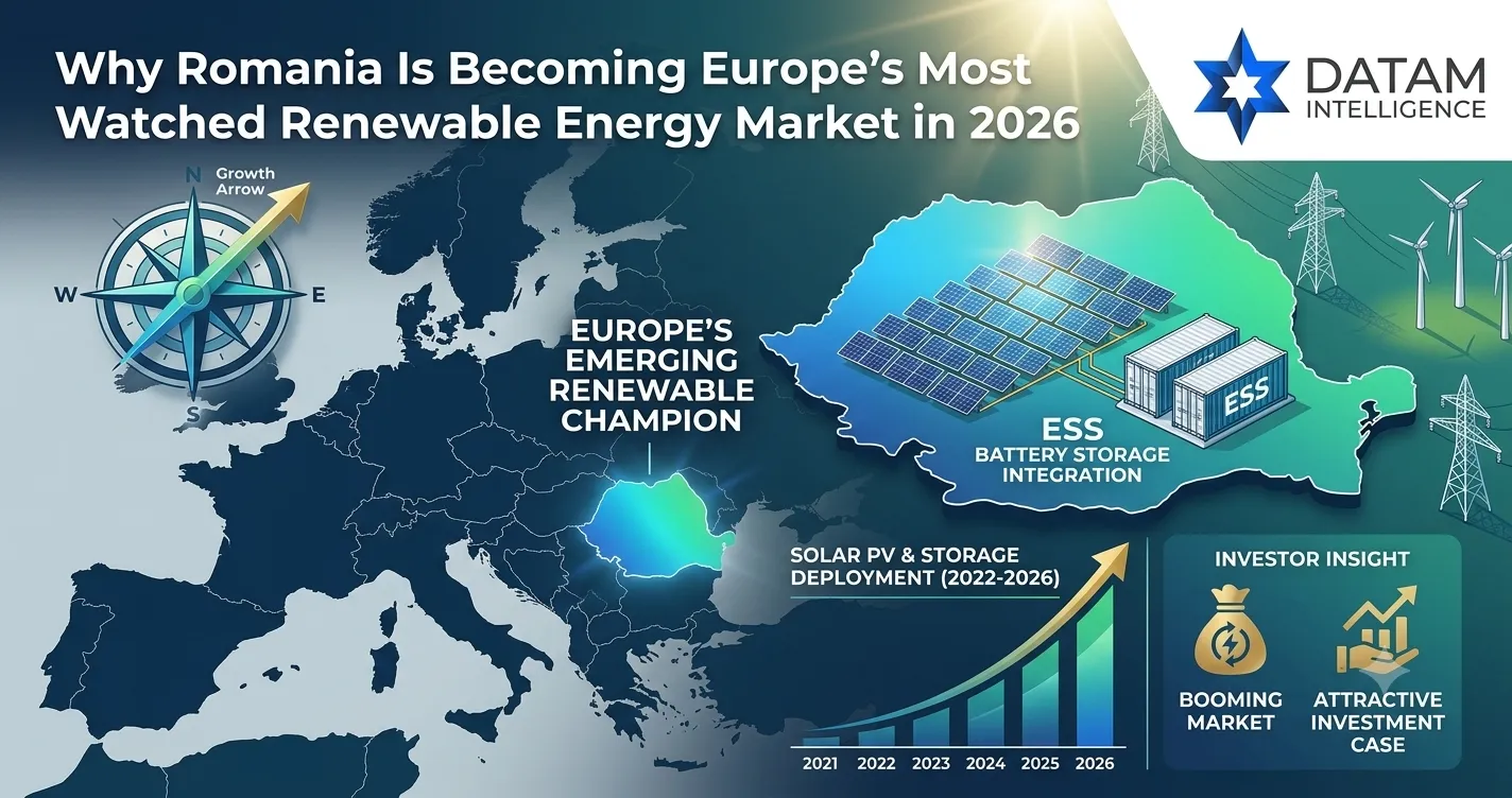 Infographic highlighting Romania's renewable energy market growth in 2026, featuring solar PV panels, battery storage systems, and European energy security trends.
