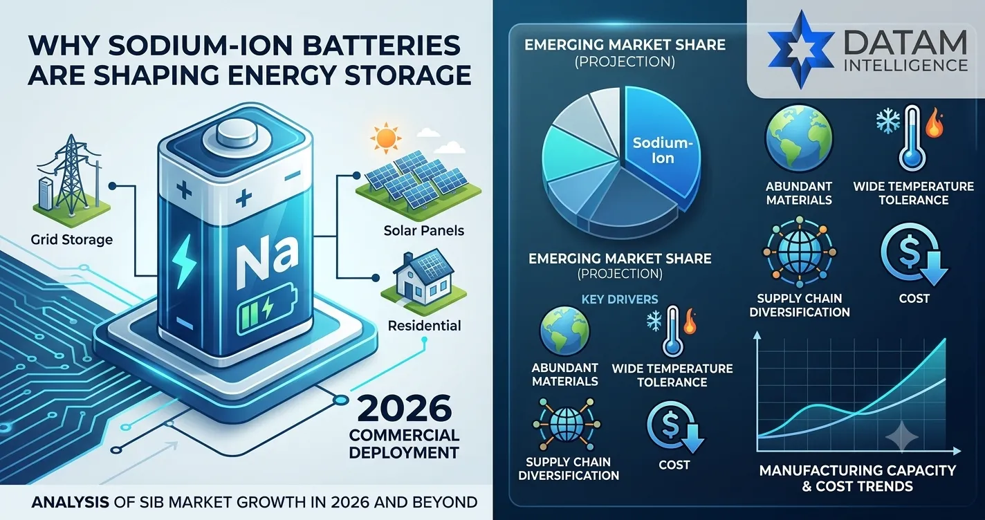 Infographic illustrating why sodium-ion batteries are reshaping the global energy storage market in 2026, featuring grid, solar, and residential applications with key drivers, market share projections, and the DataM Intelligence