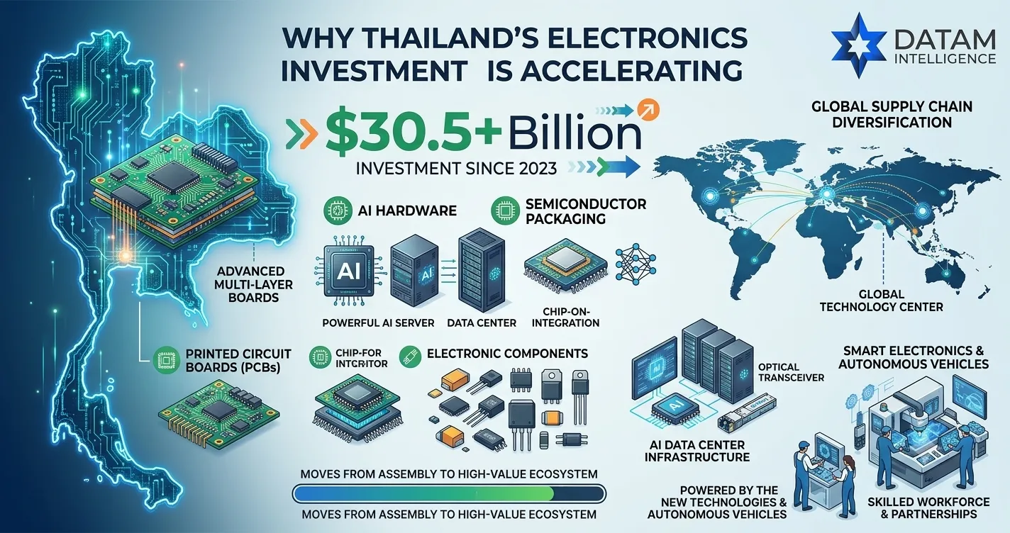 Infographic detailing why Thailand's electronics investment is accelerating to over $30.5 billion, featuring growth in AI hardware, printed circuit boards (PCBs), semiconductor packaging, and global supply chain diversification with DataM Intelligence